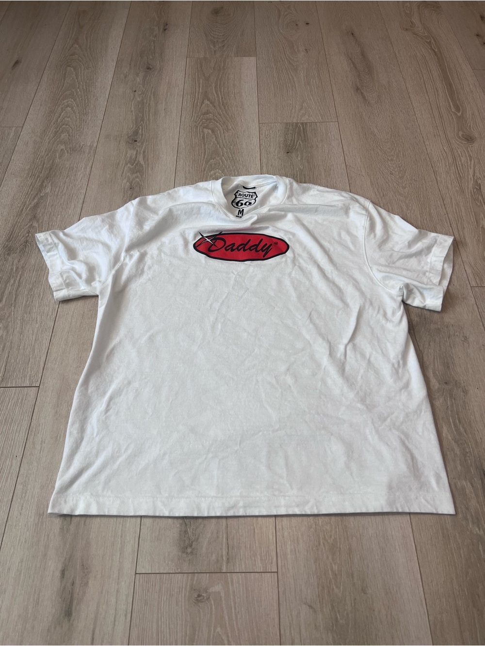 Route 66 White Tee with Red "Daddy" Chest Graphic
